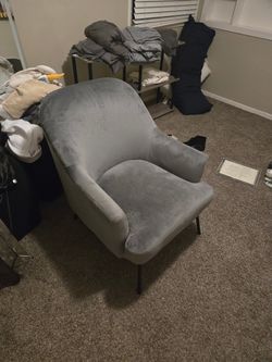 Blue-Gray Velvet Accent Chair with Black Metal Legs