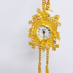 14K GEP Cuckoo Coo-Coo Clock Necklace Brooch Pin Pendant MOP Watch on 28" Chain