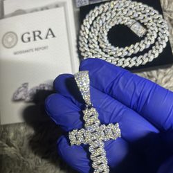 10mm VVS Lab Diamond 20” Cuban Link 14k White Gold With Cross Lab Diamond 14k White Gold S925