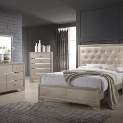 Four Piece Queen Bedroom Set Queen Bed Frame Dresser And Mirror And Nightstand Champagne Color