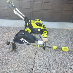 New Ryobi 21 Inch Self Propelled Cordless 40 Volt Brushless Lawn Mower  & Mulcher New 6ah Battery & Charger Plus One Used Detachable Trimmer
