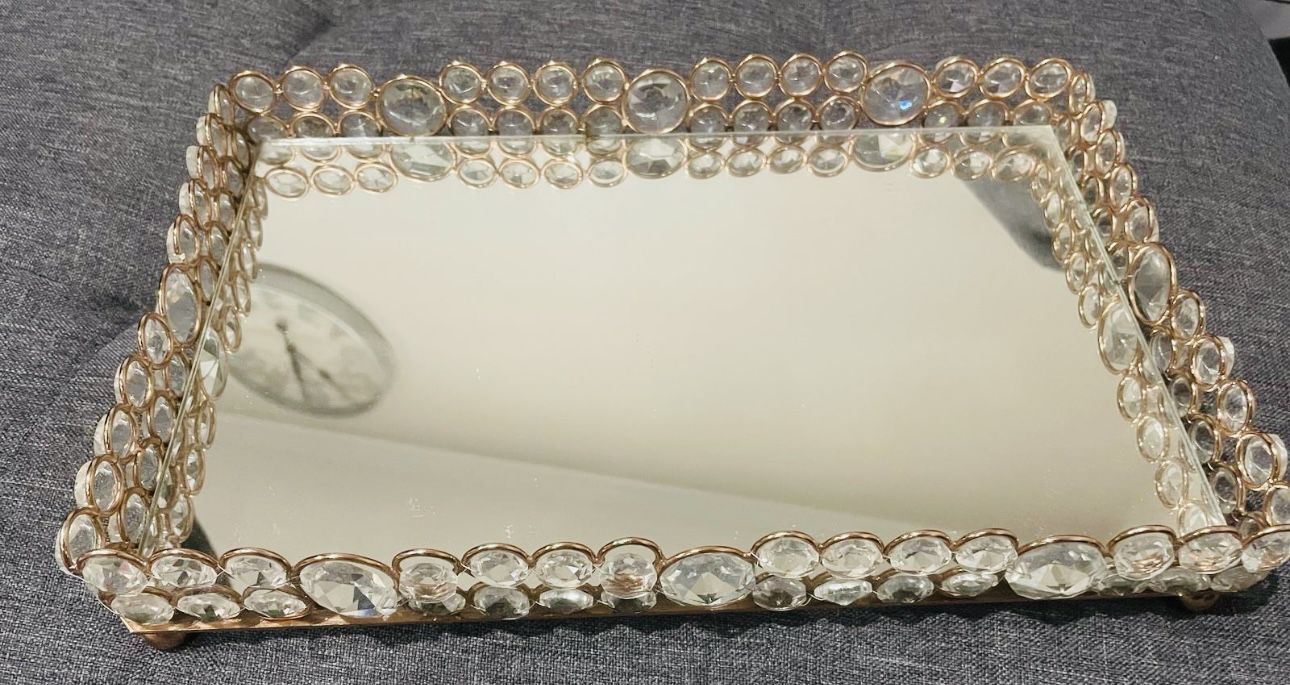 Gold Perfume Mirror Vanity Tray Dresser Ornate Tray Home Wedding Decorative Mirrored Tray Jewelry Perfume Makeup Organizer, Length is 11.5inches by wi