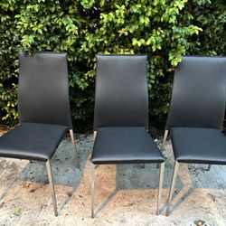 Black Leather Dining Chairs With Nickel Plated Legs - Set of 3
