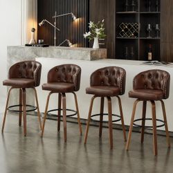 26" Swivel Counter Height Bar Stools with Back Set of 4, Brown Leather Kitchen Stools