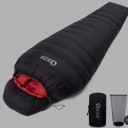 QEZER Cold Weather Sleeping Bag For Adults 650 FP Down Sleeping Bag For Backpacking Sleeping Bag With Compression Sack