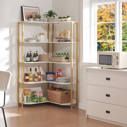 White L-Shaped Bookshelf, Modern Corner Bookshelf 5-Shelf Corner Bookcase for Display CDs Movies wit