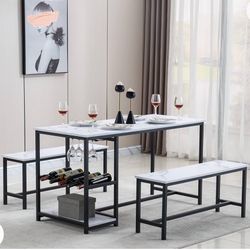wuleen Dining Table Set, Kitchen Table and Chairs Set with 2 Benches, Small Kitchen Table Set with Wine Rack and Glass Holder, Dinette Space Saver