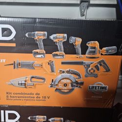 Ridgid 8 Piece Tool Set, Includes Two Batteries, Charger, And Bag. 