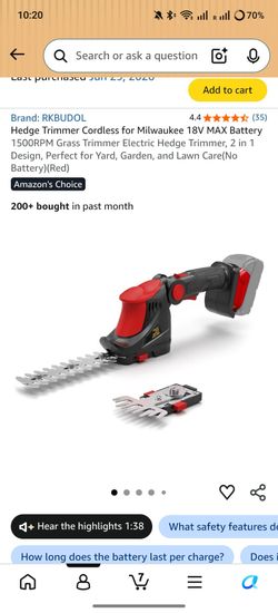 Hedge Trimmer Cordless for Milwaukee 18V MAX Battery
1500RPM Grass Trimmer Electric Hedge Trimmer, 2 in 1 Design, Perfect for Yard, Garden, and Lawn C