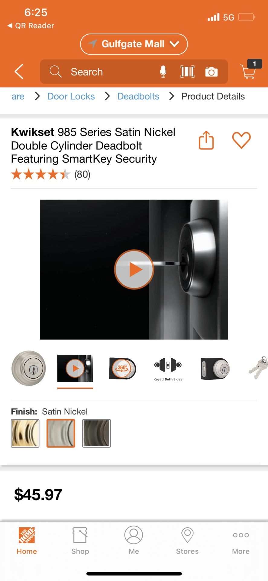 Kwikset 985 Series Satin Nickel Double Cylinder Deadbolt Featuring SmartKey Security