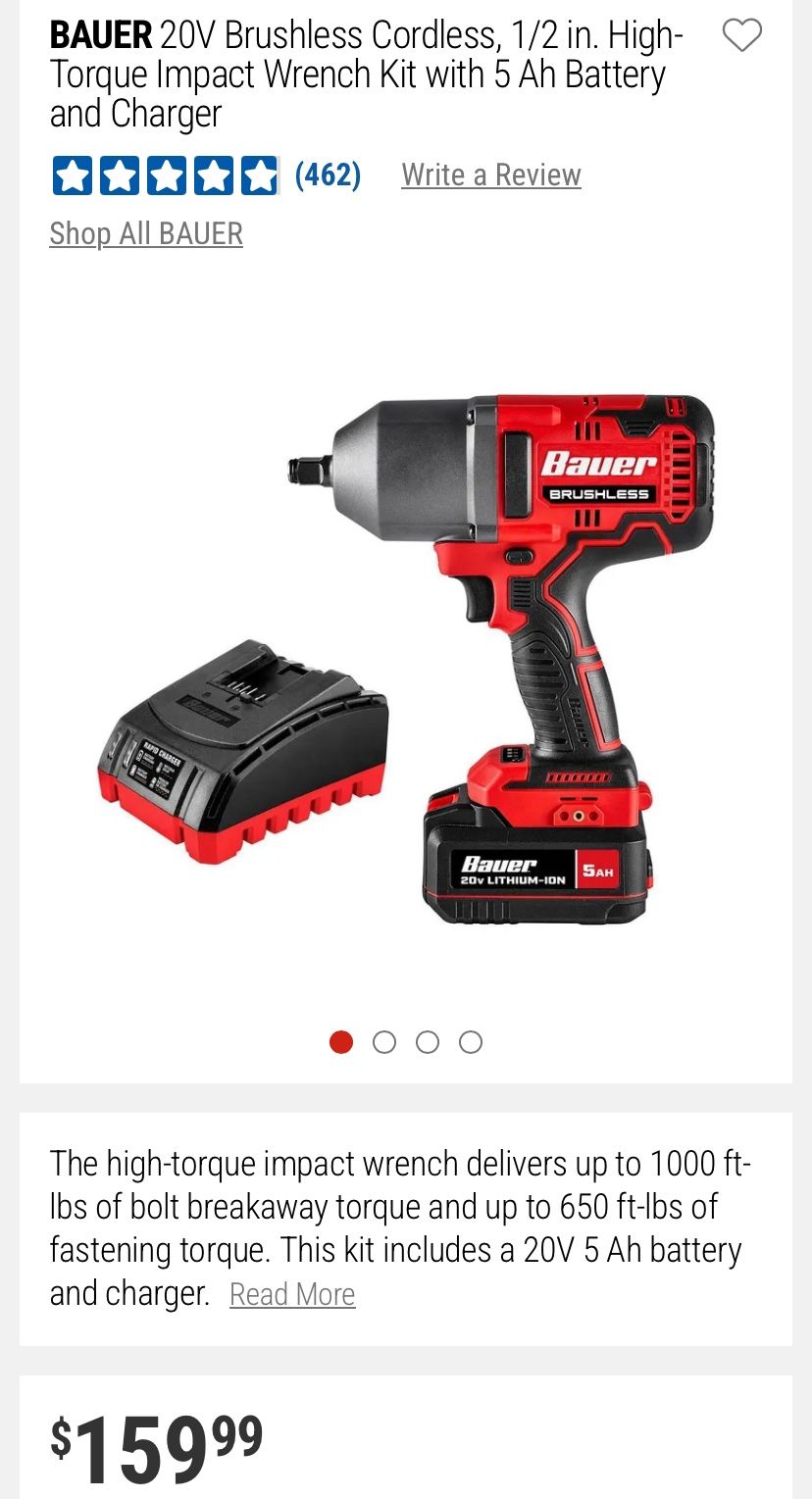 Bauer 20 V Torque Impact Wrench PITTSBURGH 1/2 Drive Impact