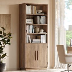 70'' Tall Bookcase with Doors, 7-Tier Bookshelf with Cabinet & Adjustable Shelves, Wooden Floor Standing Display Bookshelves with Storage Cabinet for 