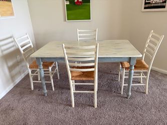 Wooden Dinning Table and Four Chairs White Distressed Painted
