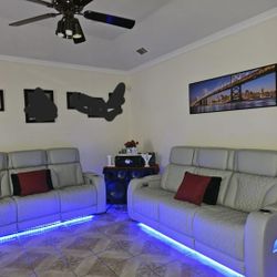 Twin Leather Sofas With LEDs, Wireless Chargers