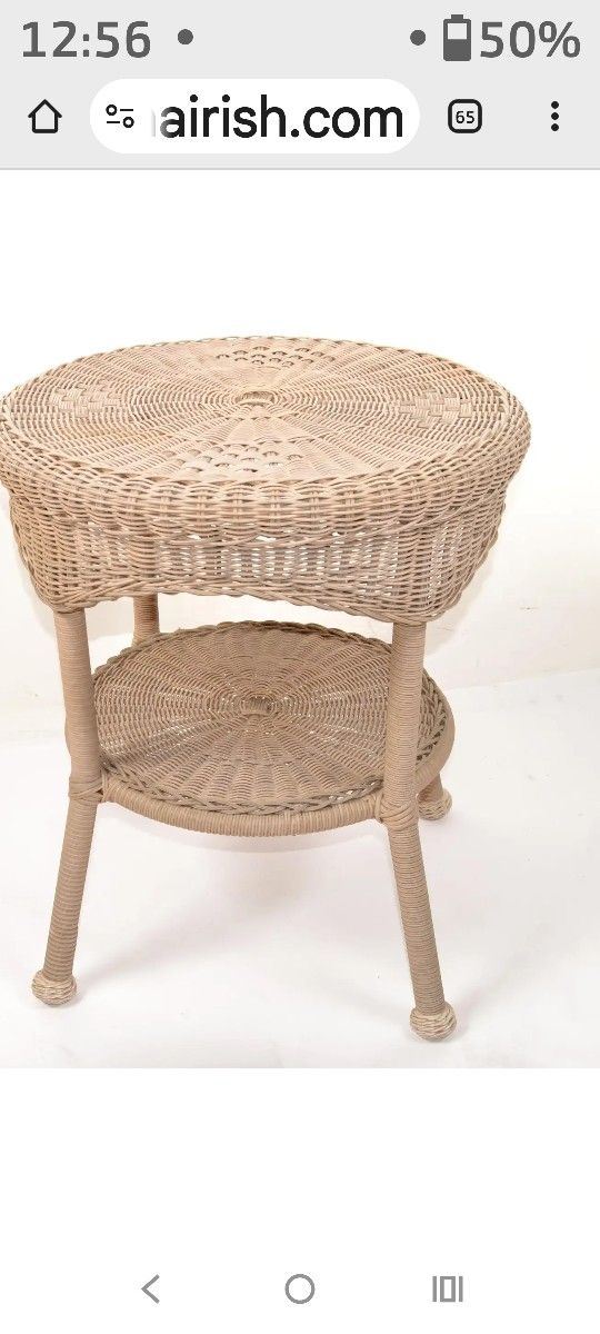 1980s Vintage Mid-Century Modern Round 2-Tier Hand Woven Resin Wicker Metal Drum Side Table
