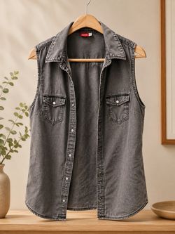 Size. S. Women's Sleeveless Denim Button-Up Shirt ✨🩶
