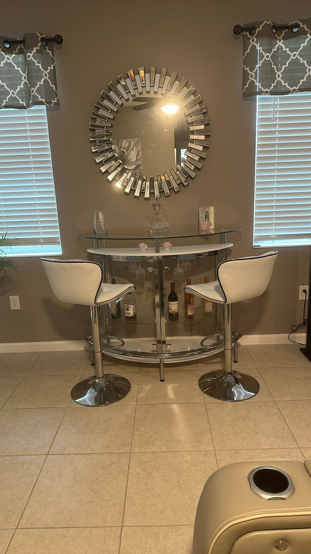 Bar with Bar Stools & Mirror.