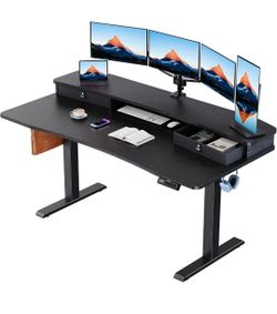 HUANUO 60″ x 30″ Electric Standing Desk with 2 Drawers, C-Clamp Mount Compatible, Height Adjustable Computer Desk, Home Office Stand Up Desk with 4 Pr