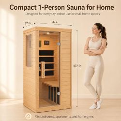 Far Infrared 1 Person Hemlock Wood Sauna ， MINI Indoor Sauna with 110V 5 Heating Panels Bluetooth 6mm Tempered Glass Compact Indoor Home Spa Personal 
