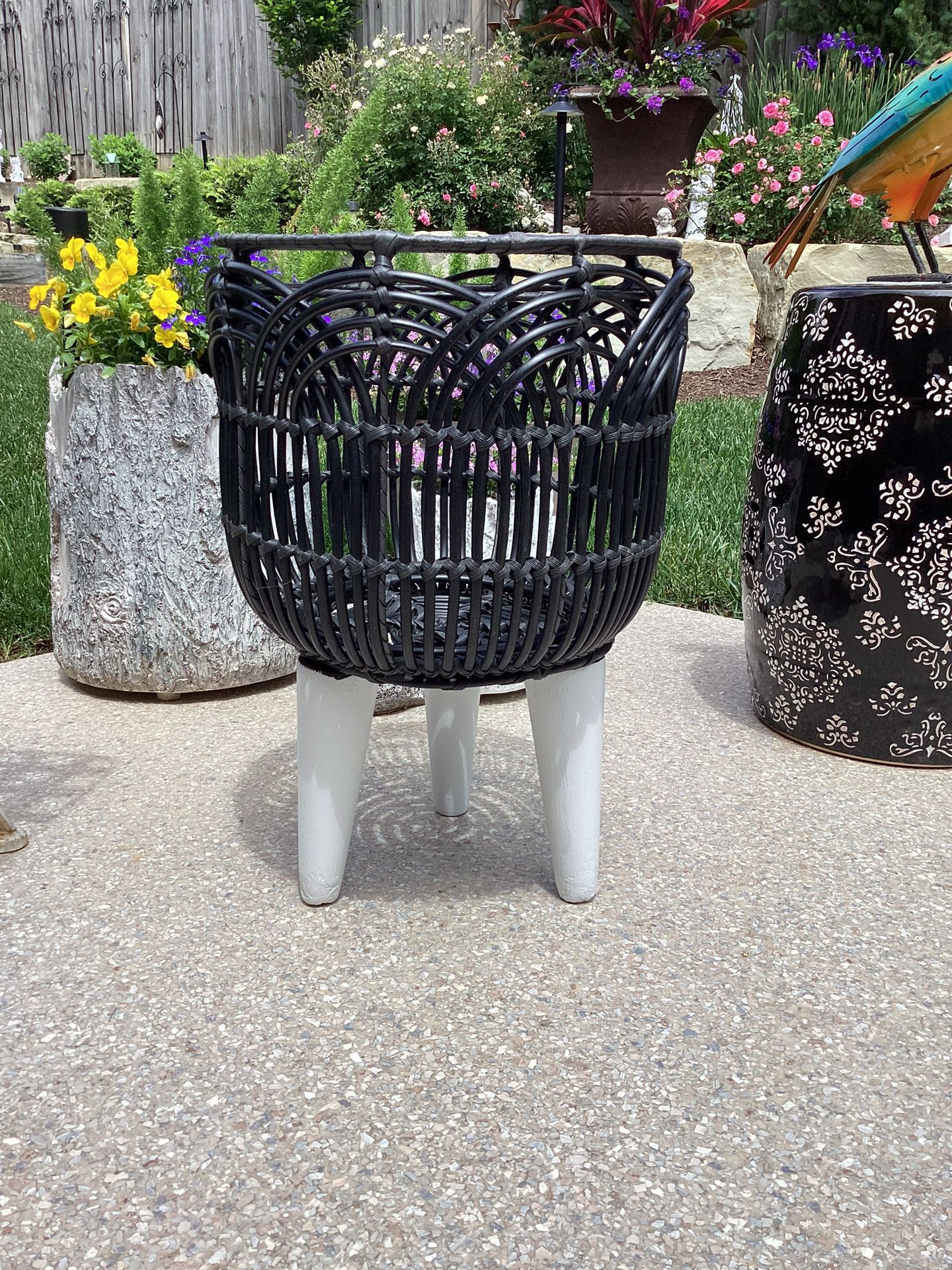 Black Resin Woven Rattan Plant Holder w/Wood Legs 18.5”T x 12.5”W (wipes, clean) The Plant Is Not Included