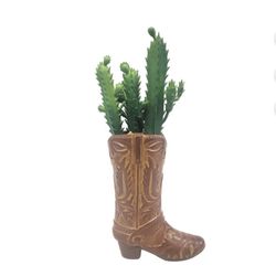 Artificial Cactus Succulent in Brown Ceramic Cowboy Boot Planter Decoration 