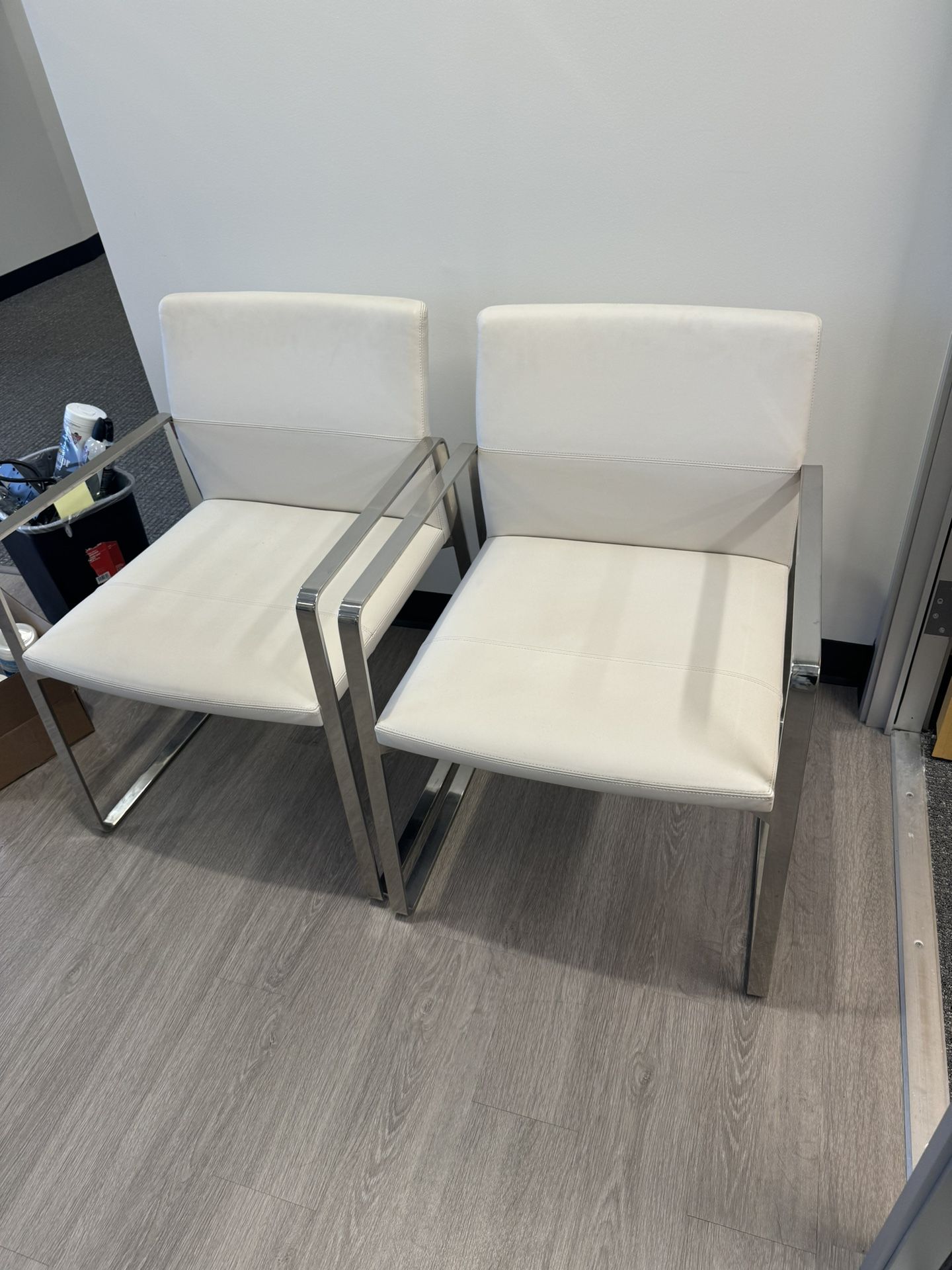 2 White Leather Chairs 