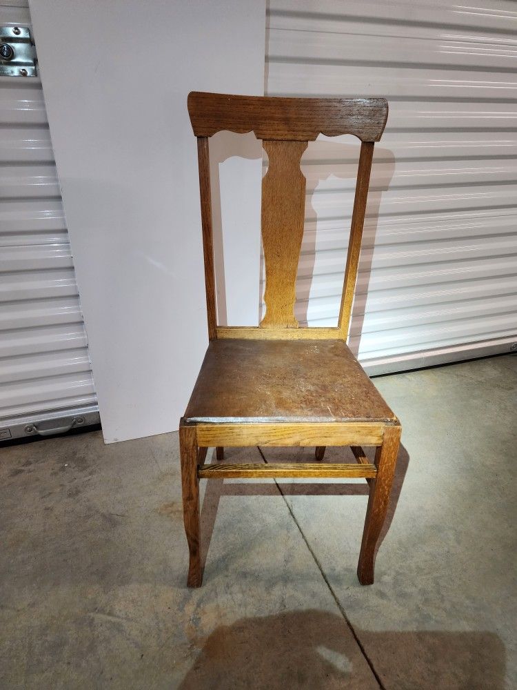 Three Antique Wooden Chairs With Leather Seats