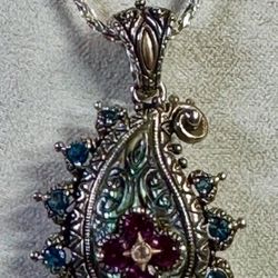 FREE SHIPPING! Barbara Bixby 925 Silver 18k Gold Garnet &  Topaz Paisley Pendant/Necklace Lot#6