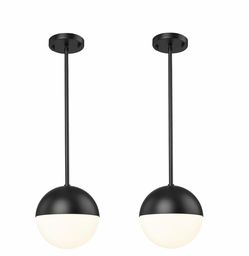 2 Pack Mid Century Pendant Lights, Matte Black Kitchen Island Light Fixtures With White Globe Glass Shade, Adjustable Hanging Rod Ceiling Light For Ho