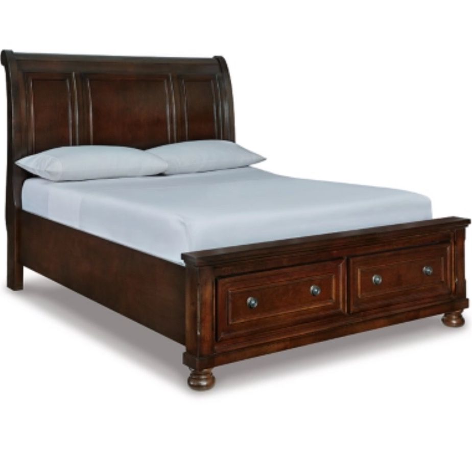 Ashley Furniture Sleigh Queen Sized Wood Bed Frame With Storage Drawers And Slats
