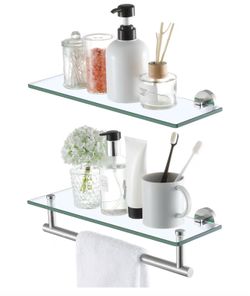16-Inch Glass Floating Shelves with Bar - 2 Pack Wall Mount