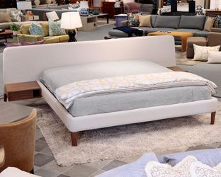 Upholstered Platform Bed with Walnut Nightstands