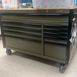 <>HUSKY.52 IN 10-DRAWER MOBILE WORKBENCH • Welded Steel Construction with Rust-resistant Matte Powder Coat Finish • 3/4 in Solid Wood Work Surface wit
