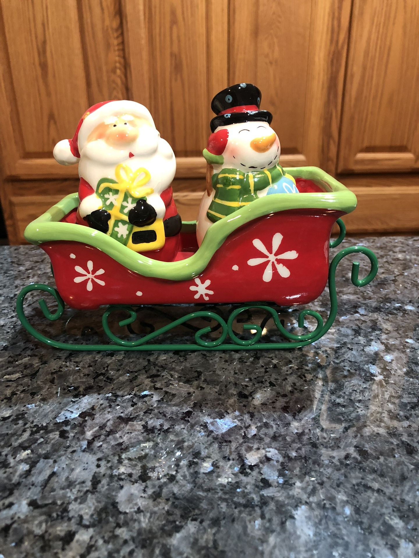 Christmas Sleigh With Santa And Snowman Salt And Pepper Shakers .  Brand New Never Used .  