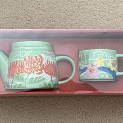 Lunar New Year Stoneware Floral Tea infuser Tea Pot & Cup Set by Christina Tan