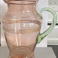 Vintage Tiffin Watermelon Glass Pitcher With Uranium Glass Handle & Gold Trim