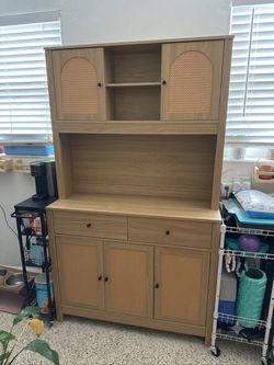 Modern Oak Kitchen Pantry Cabinet with Rattan Details