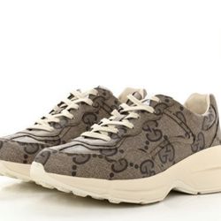 Size 13 Maxi GG Supreme Monogram Gucci 100 Mens Rhyton Sneakers Beige Ebony