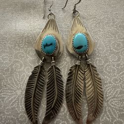 Sterling Silver & Turquoise Earrings with 2 Feathers $45