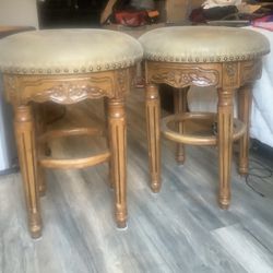 2 Hand Carved Wooden Stools With Tan Leather Seats