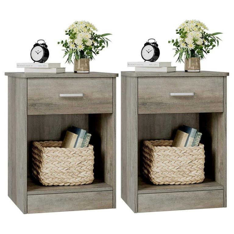 Set of 2, 2-Tier Side Table with Drawer and Storage Shelf, Bedside Table End Table, Modern Night Stand for Bedroom, Home Office,Vintage Grey