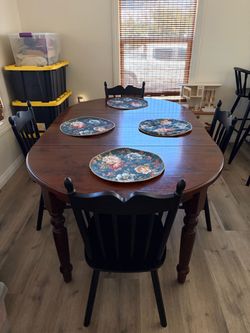 Pottery Barn Wood Dining Table with 4 new Black Cedar Chairs