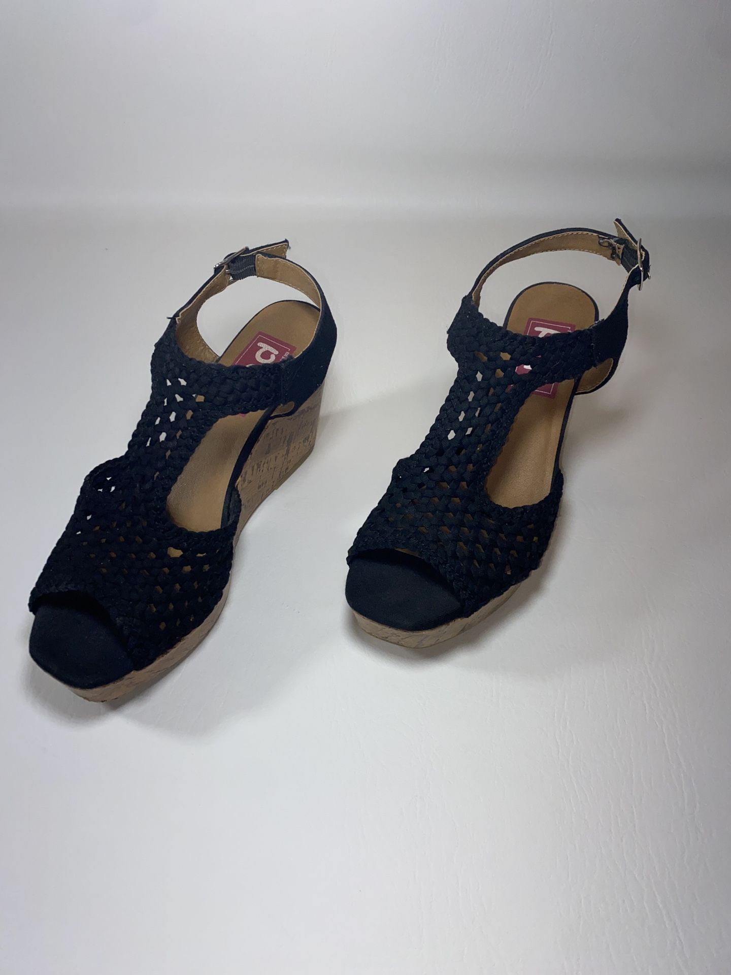 POP 9M Women's Black Cork Wedge Ankle Strap Sandals