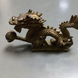 Vintage Brass Dragon Holding Pearl Figurine 