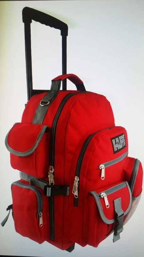 Rolling School Backpack Travel Bag Wheeled Daypack Bookbag with Wheels 10 external pockets.