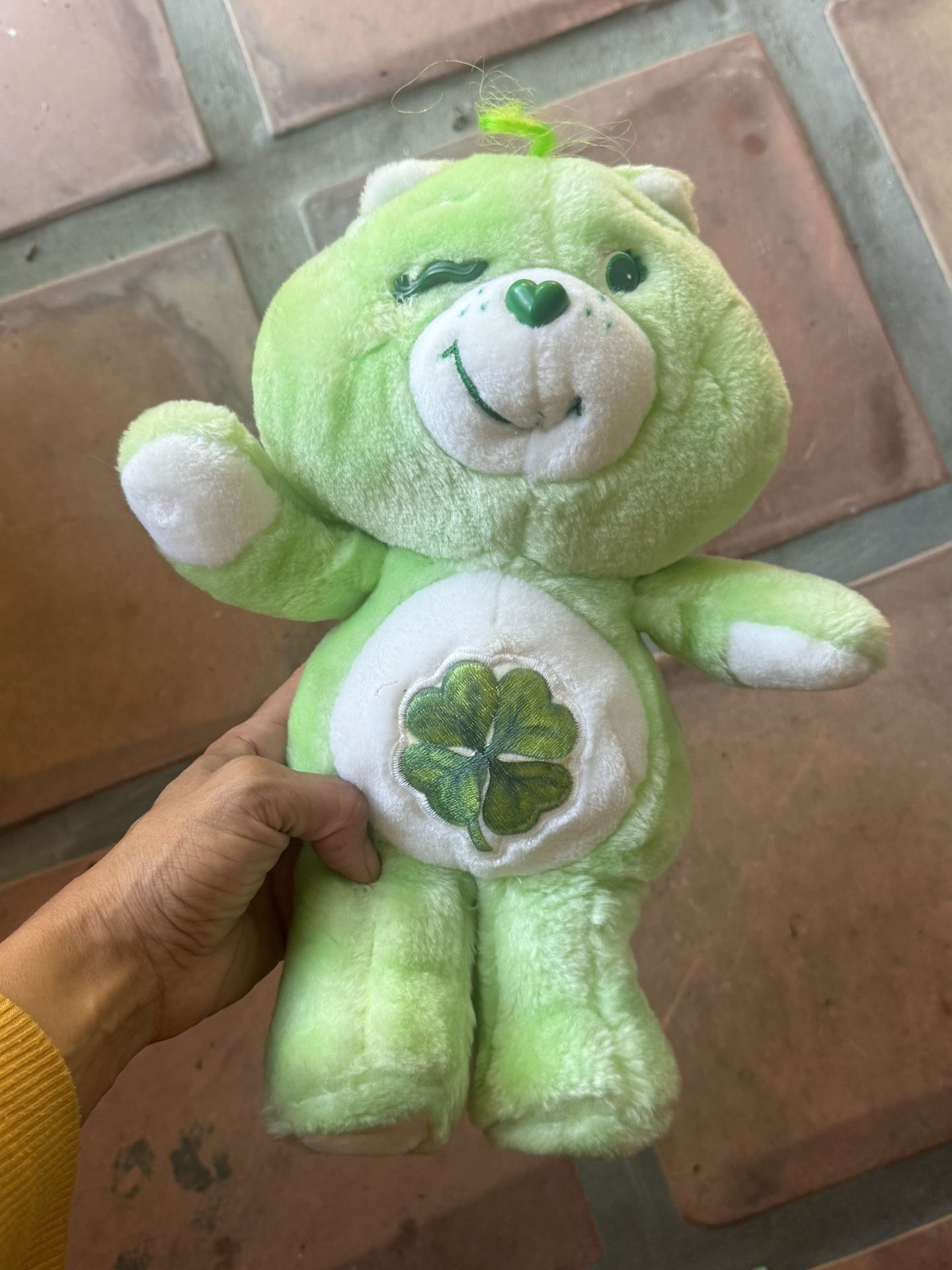 Vintage 1980s Kenner Good Luck Care Bear Green plush with Four Leaf Clover 13"