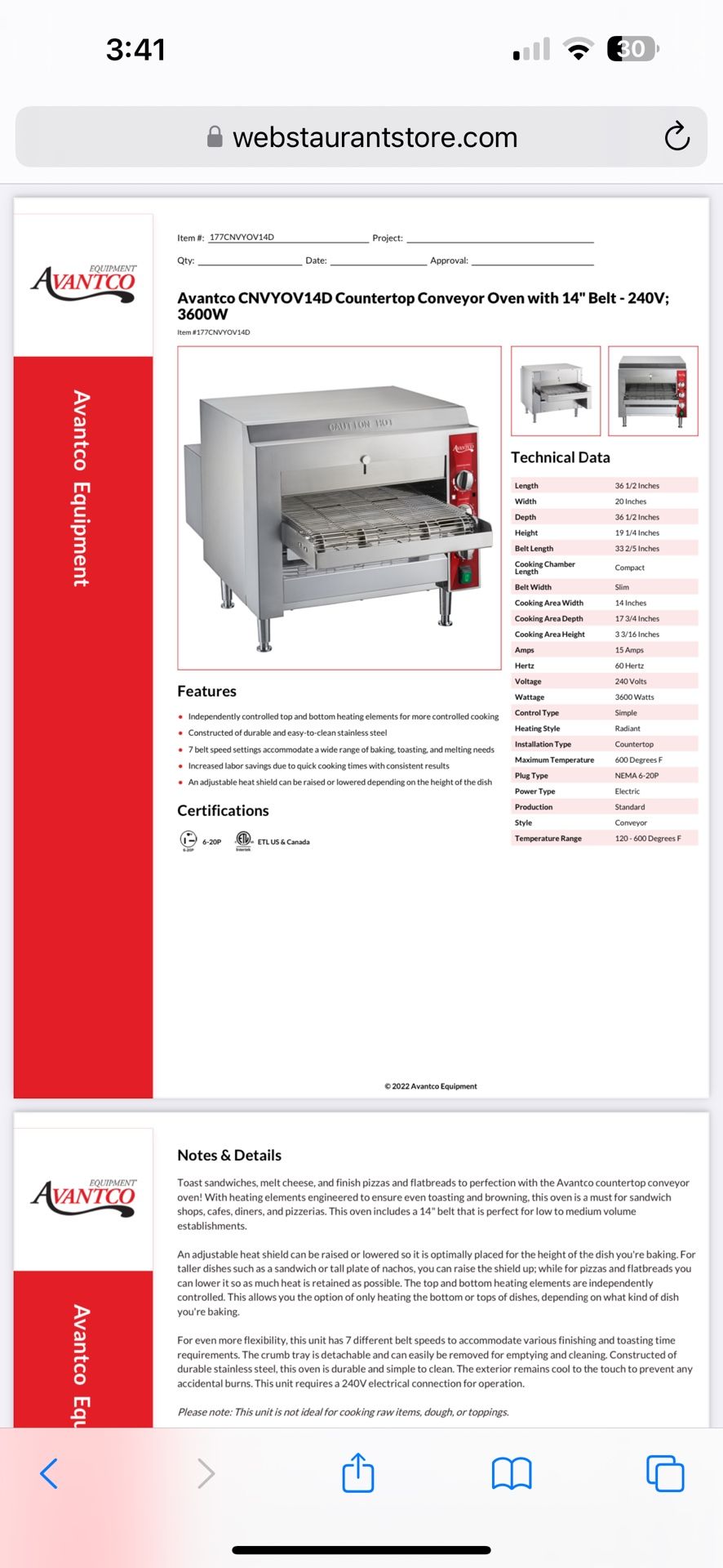 Avantco Commercial Conveyor Toaster Oven 