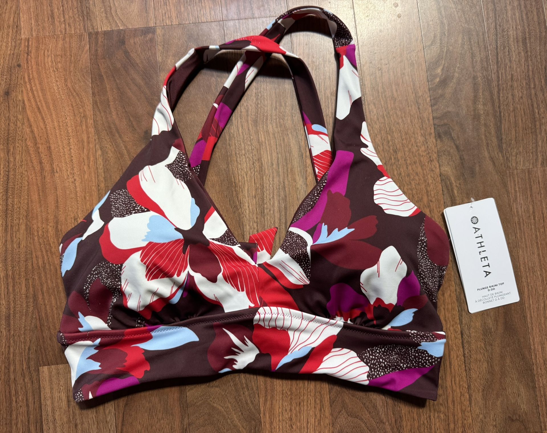 Athleta New Women's Plunge Bikini Top Size LRG D-DD Cup Red Purple Floral