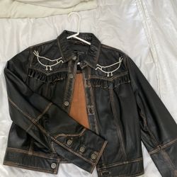 Max Studio Boho Brown Leather Jacket Feminine Birds Ruffle Trucker Cropped Size XS