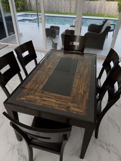 Modern Real Wood and Glass Dining Table Set with 6 Chairs – Great Condition